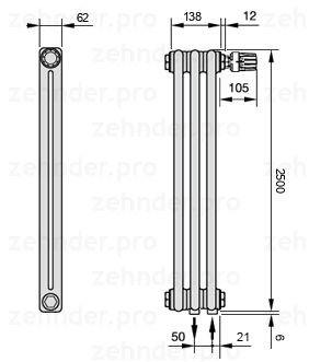 Схема (чертеж) Радиатор Zehnder Charleston 2250/3 №V002 Белый глянцевый RAL 9016